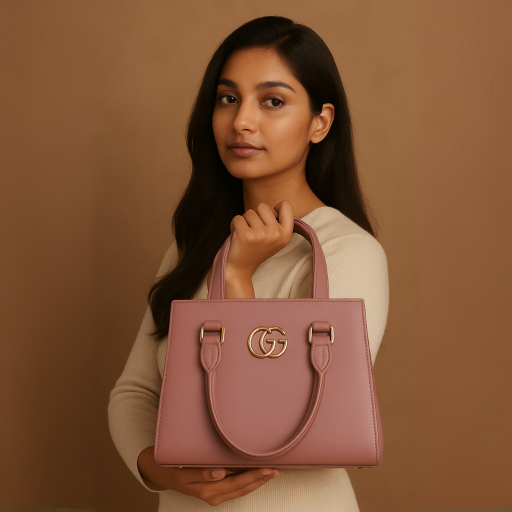 Elegant Vegan Leather Handbag with Silver GG Logo