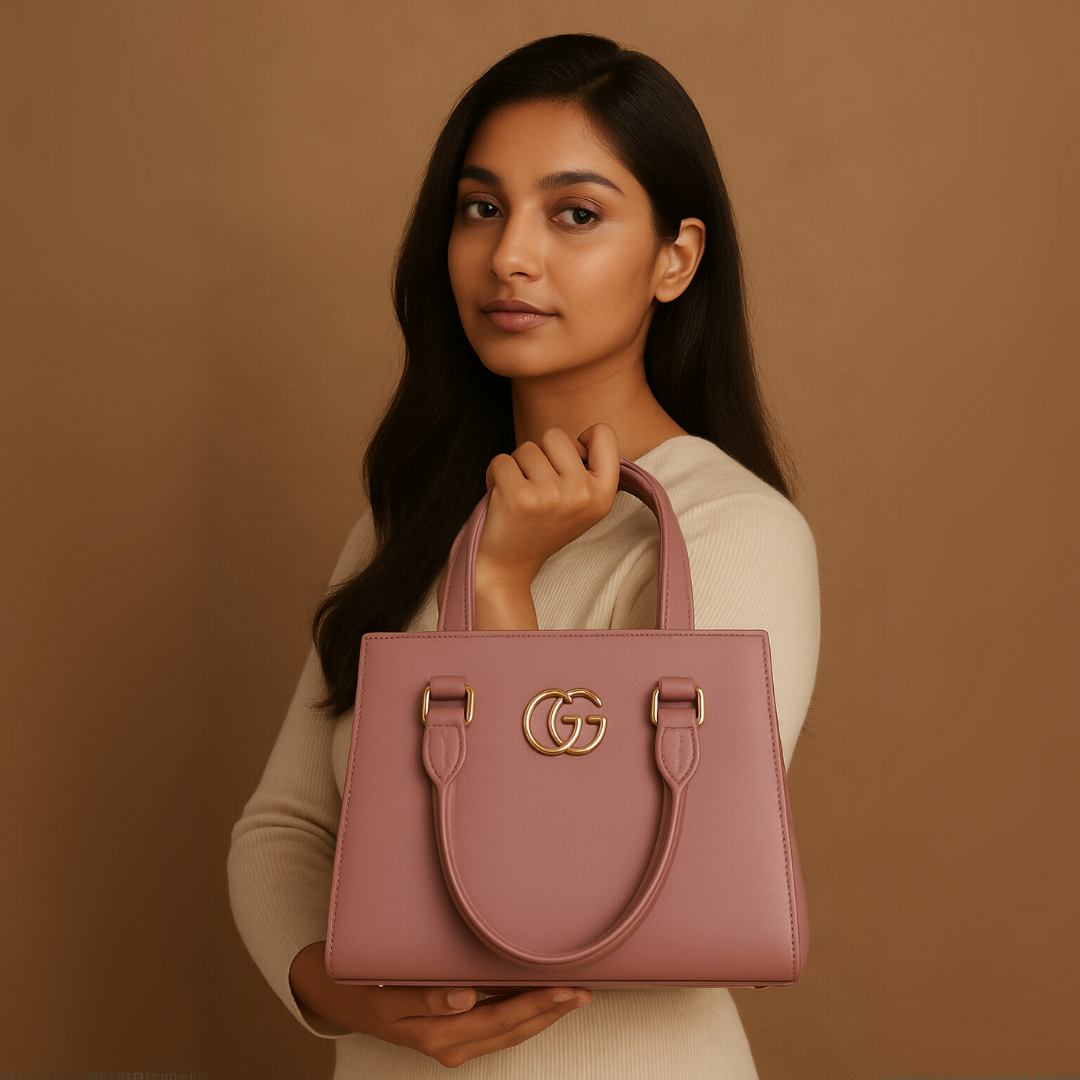 Elegant Vegan Leather Handbag with Silver GG Logo