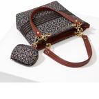 Elegant Black Printed Tote Bag with Tan Trim