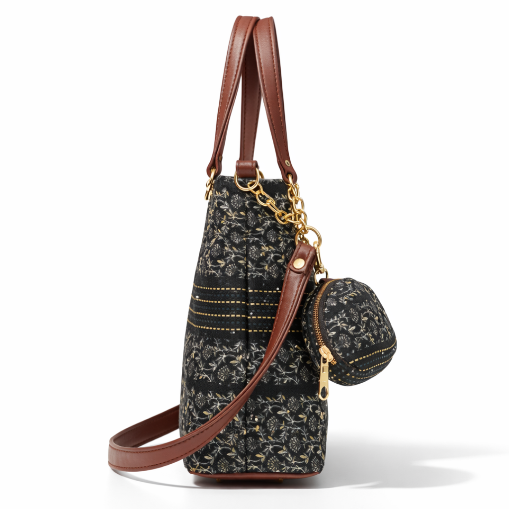 Elegant Black Printed Tote Bag with Tan Trim