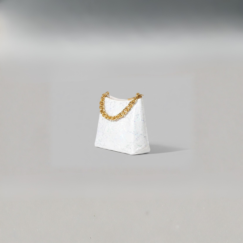 White Holographic Women’s Chain Handbag – Glossy PU Party Shoulder Bag